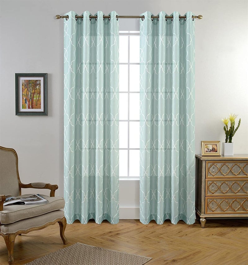 MIUCO Moroccan Embroidery Semi Sheer Curtains Faux Linen Grommet Panels for Living Room 52 x 84 Inch 2 Panels Set, Subtle Green - Image 3